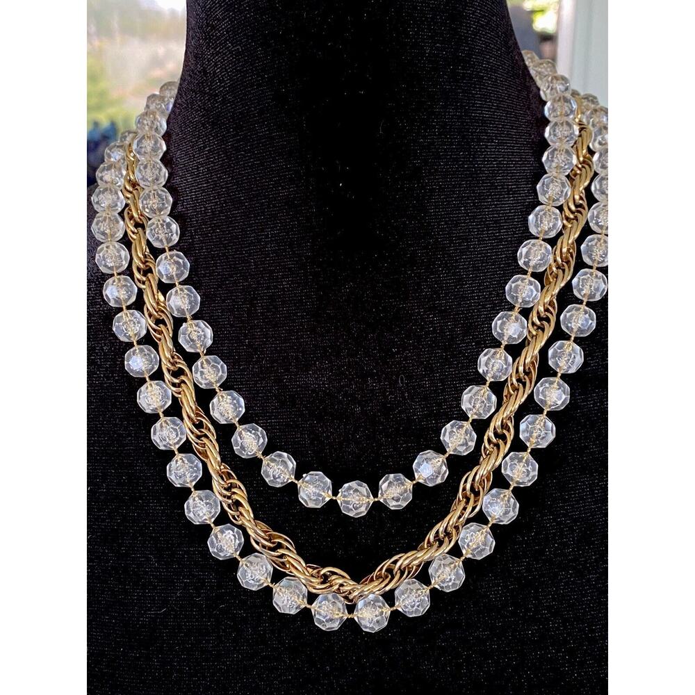 SARAH COVENTRY 3 Strand Necklace Lucite Beads Gold Tone Rope Chain Vintage